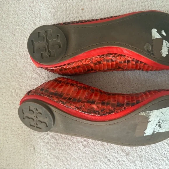 Tory Burch Red Snakeskin textured Leather Flats (Never Worn) - Picture 2 of 4